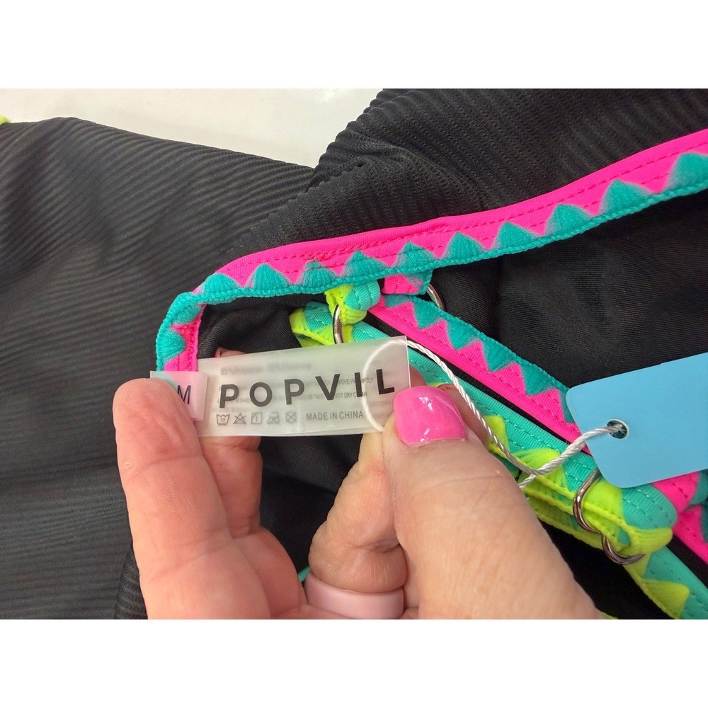 Popvil Womens Ribbed One Piece Swimsuit Black Neon Pink Yellow Trim High Cut NEW - Picture 10 of 12